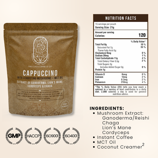 The Coo Coffee cappuccino nutrition facts and ingredient list with mushroom extracts, instant coffee, MCT oil, and coconut creamer
