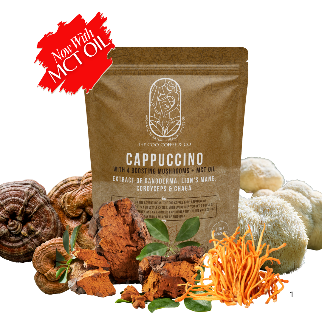The Coo Coffee mushroom cappuccino with MCT oil, featuring Ganoderma, Lion’s Mane, Cordyceps, and Chaga extracts.