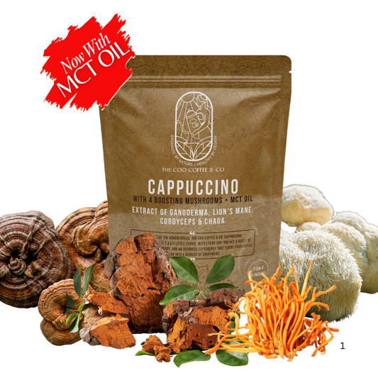The Coo Coffee mushroom cappuccino with MCT oil, featuring Ganoderma, Lion’s Mane, Cordyceps, and Chaga extracts.