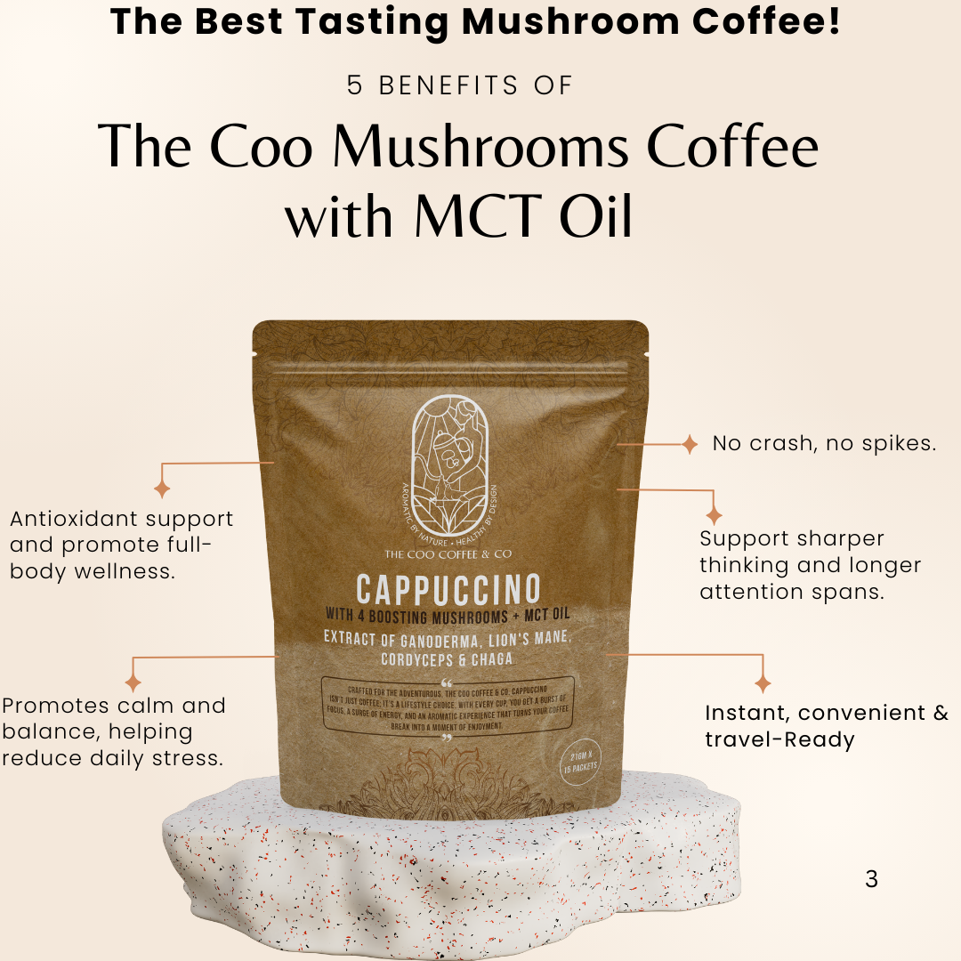 Five benefits of The Coo Coffee cappuccino with MCT oil — antioxidants, stress support, no crash, sharper focus, and travel-ready convenience